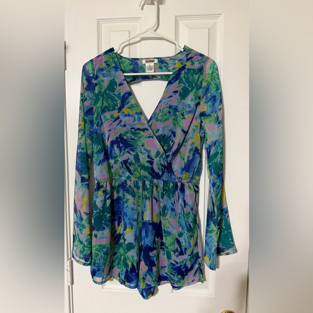 Floral  Long Sleeve Romper in Blue & Green
